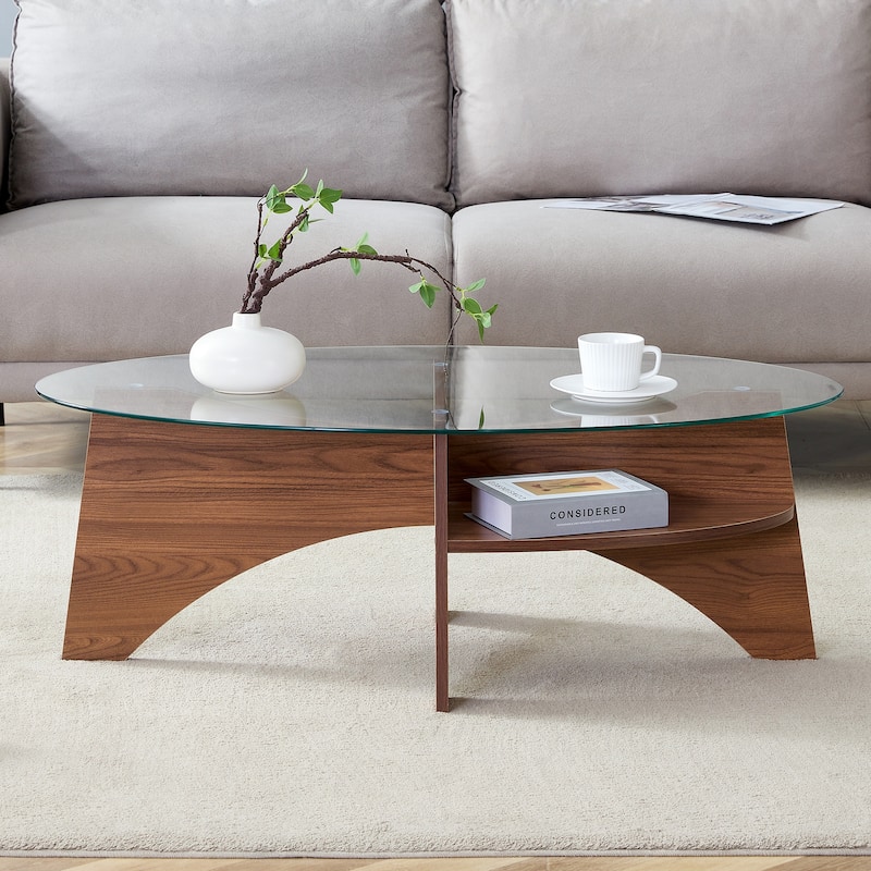 GDFStudio Elowen Tempered Glass Coffee Table with Wood Legs and Multi-Functional Design