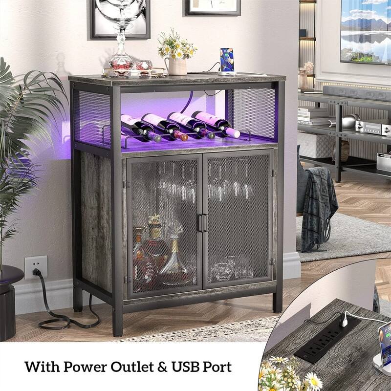 Wine Bar Cabinet with RGB Light and Outlet - 23.6"D x 13.6"W x 31"H