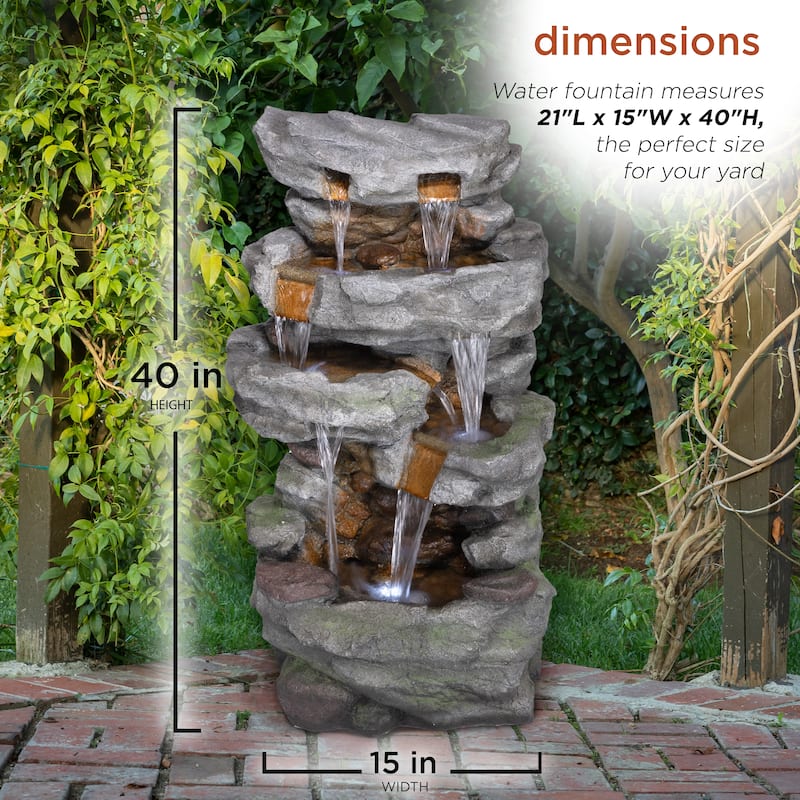 Alpine Corporation 39" Tall Outdoor Cascading Stone Water Fountain with LED Lights