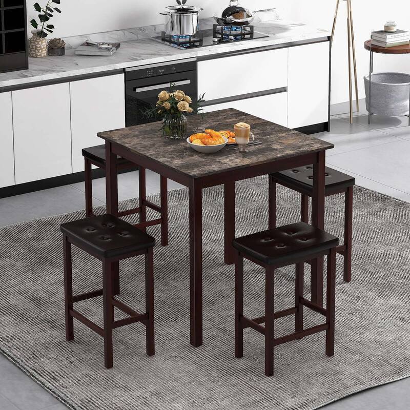 Costway 5 PCS Bar Table Set Square Dining Table & 4 PVC Leather - Brown