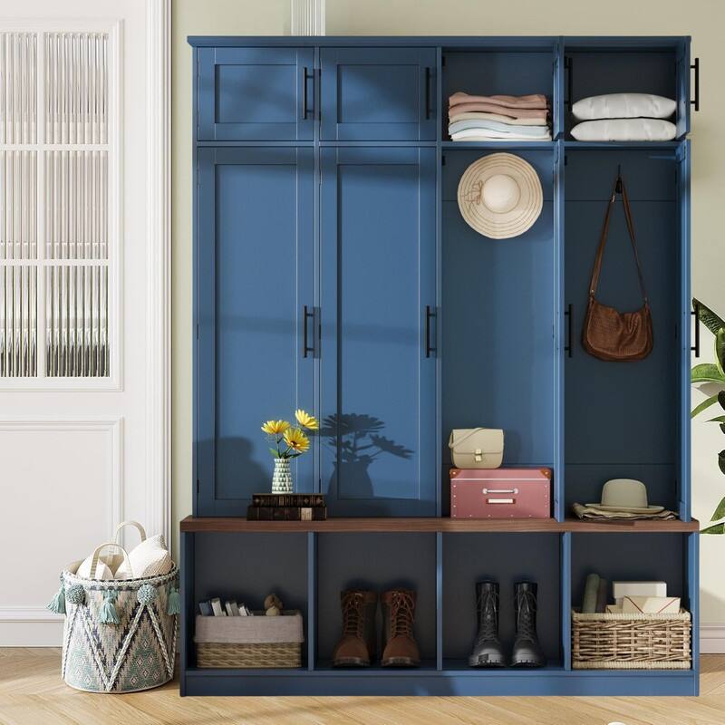 75"H Hall Tree with Walnut Storage Bench，Entryway Shoe Cabinet with Open Compartments and 8 Doors, 4 Hidden Hanging Hooks - Blue