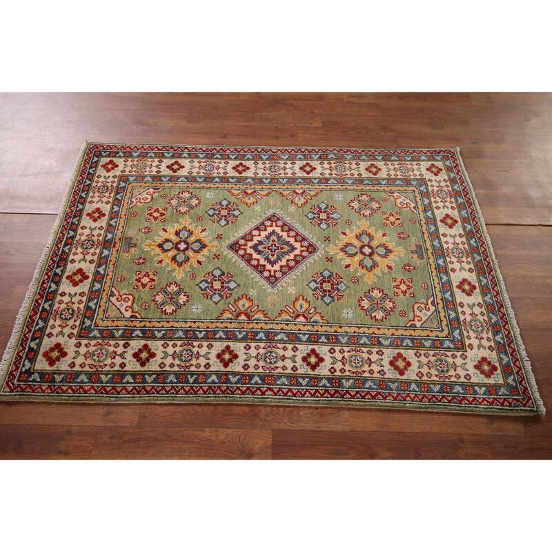 Light Green Kazak Accent Rug Handmade Wool Carpet - 3'4" x 4'9"