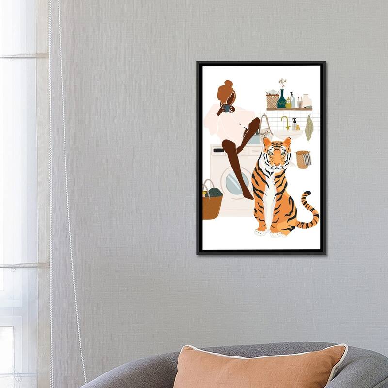 iCanvas "Tiger In Laundry Room" by Jania Sharipzhanova Framed Canvas Print