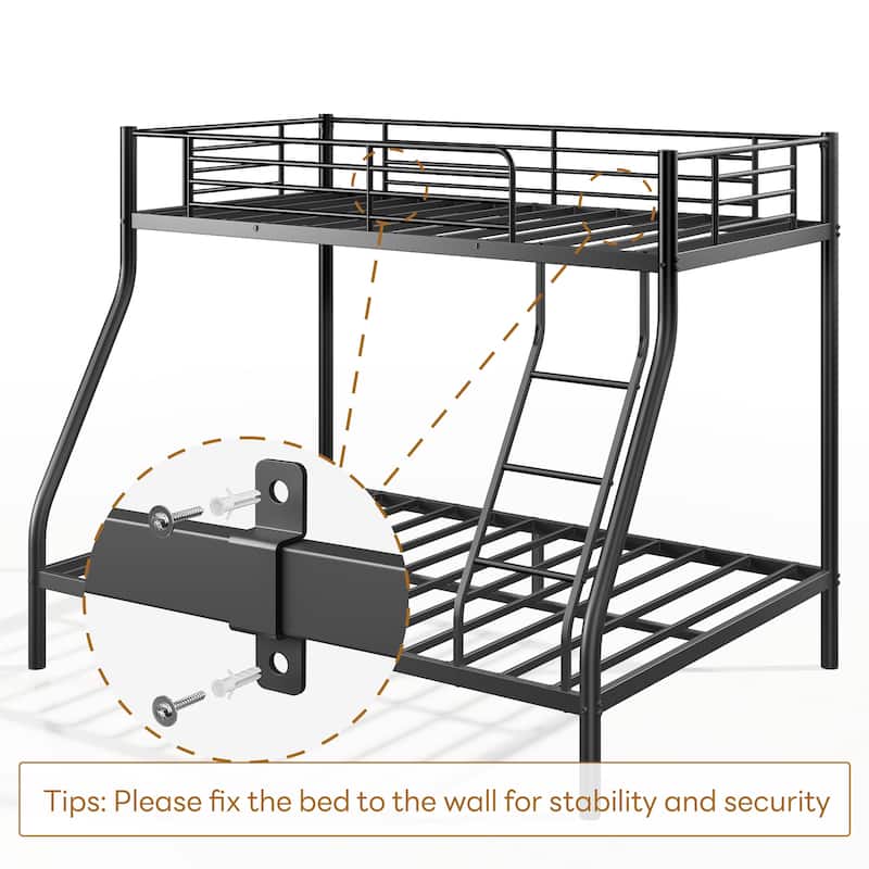 Metal Bunk Bed, Twin Over Full Size Support for Adults Teens, Black
