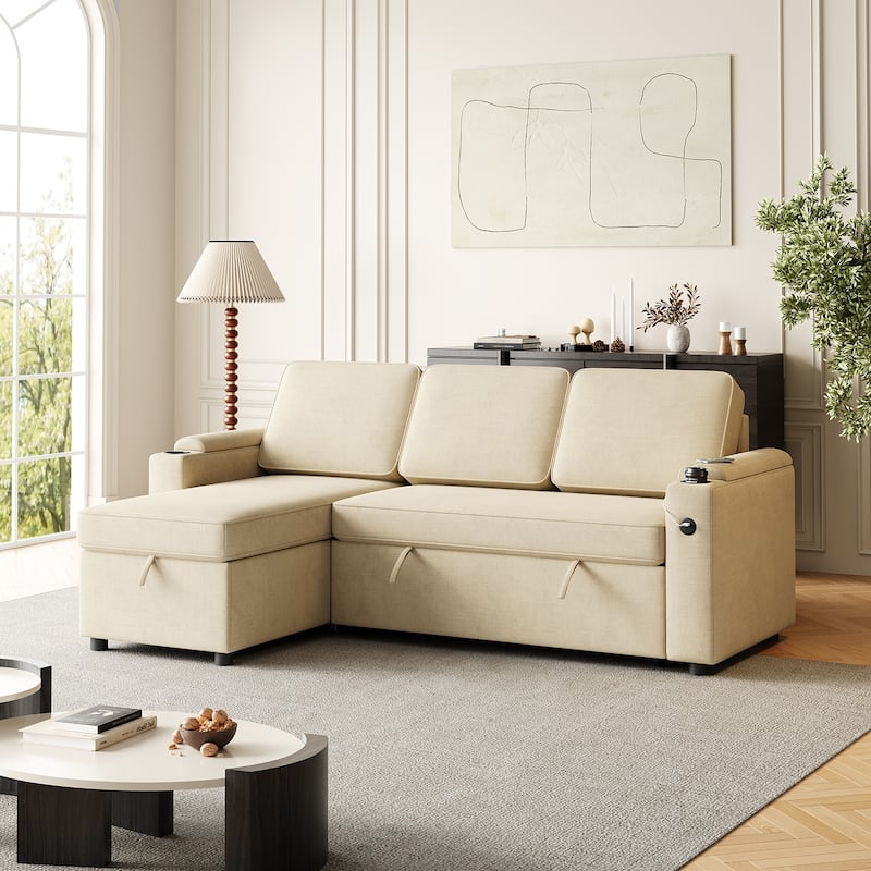 MH85.8" Sleeper Sofa, Sofa Bed - 2 in 1 Pull Out Sofa Bed with Storage Sofa with Charging Port