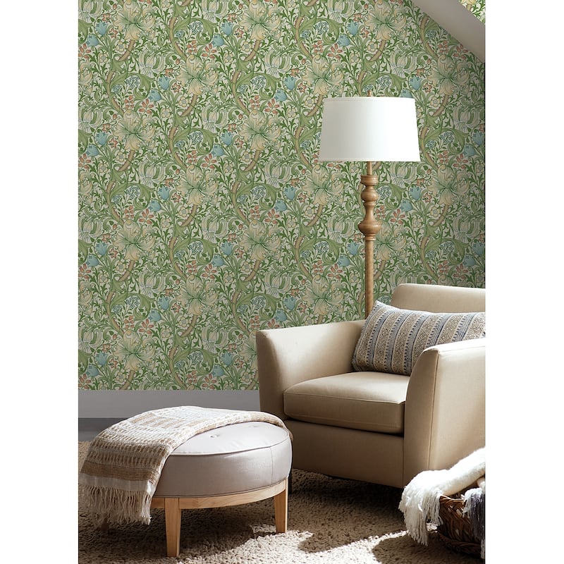 Golden lily Boughs Green Peel and Stick Wallpaper