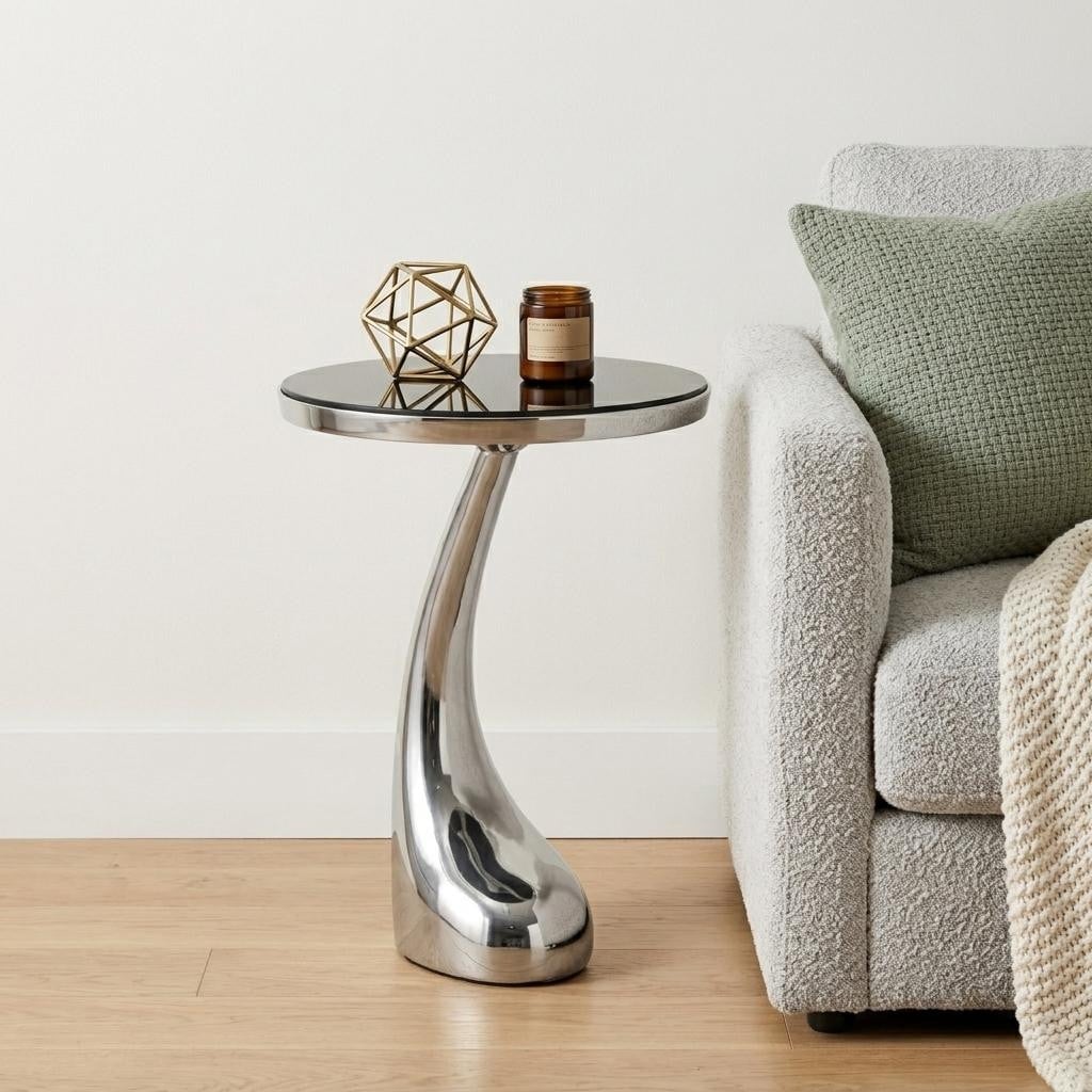 HomeRoots 21" Silver And Black Aluminum And Granite Round Abstract End Table - 14.75 in. x 21.00 in. x 14.75 in.