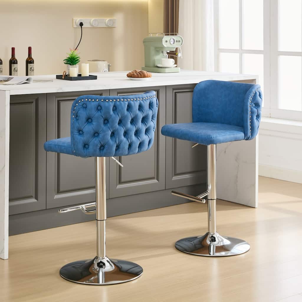 A&A Furniture Set of 2 Swivel Barstools with Chrome Base & Fully Tufted PU Back, Adjustable Height - Blue