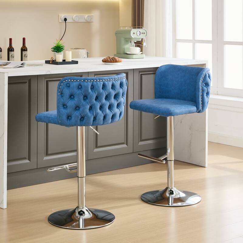 Roomfitters Bar Stools Set of 2, Modern PU Leather Adjustable Swivel Counter Chairs with Tufted Backrest - Blue