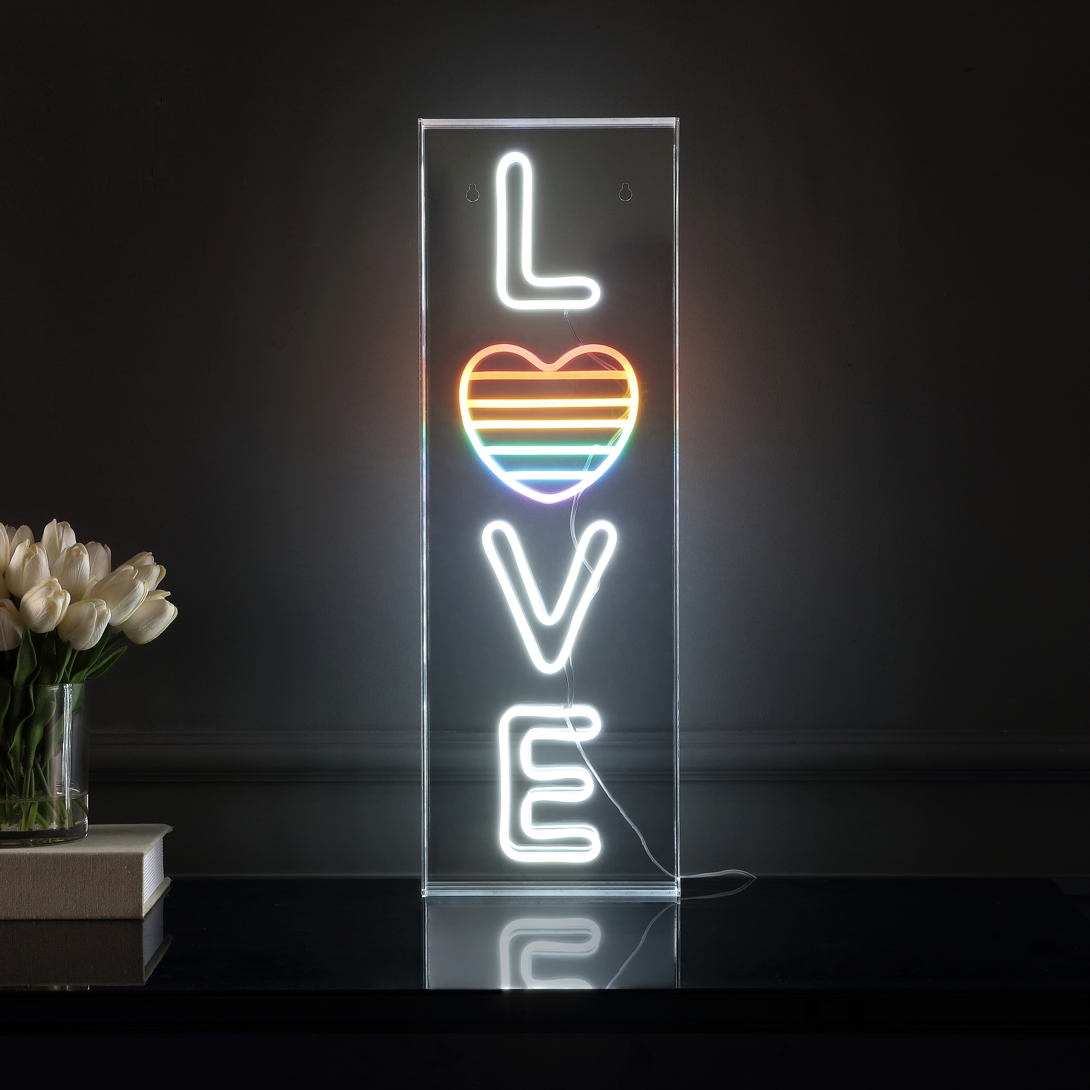 JONATHAN Y LOVE 8" X 24" Contemporary Glam Acrylic Box USB Operated LED Neon Light, White/Rainbow - 8" X 24"