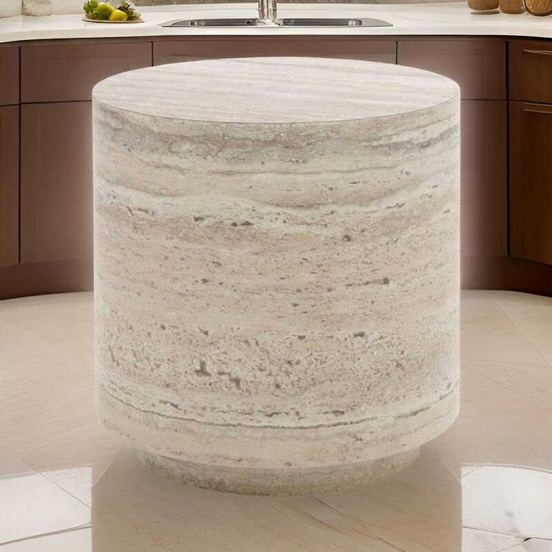 Lia 18 Inch End Table, Round Travertine Stone Finish Laminated Top
