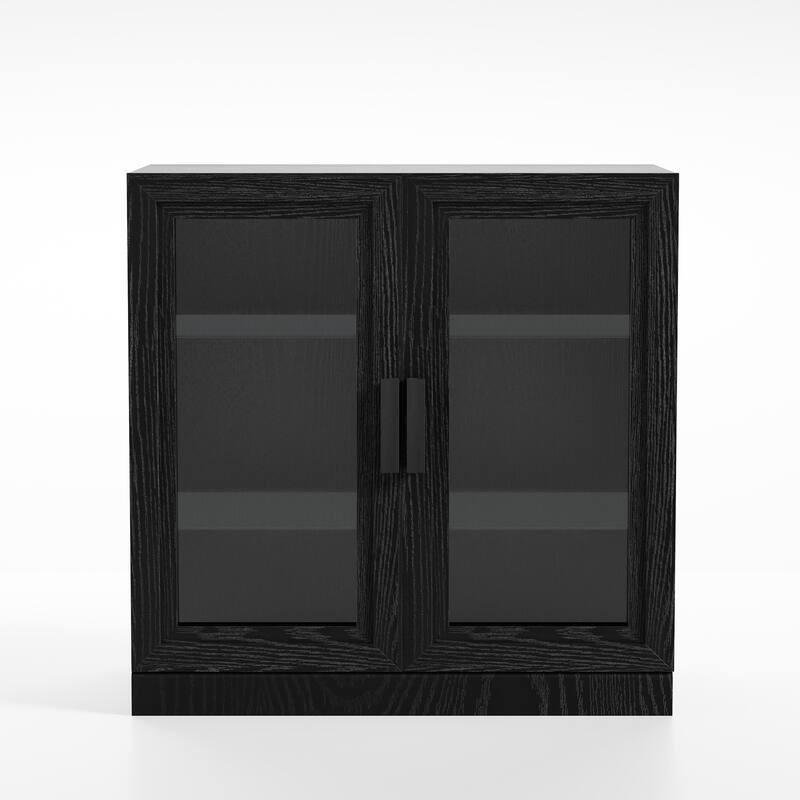 Wood Bookshelf Storage Cabinet with 2 Glass Door and Adjustable Shelf for Kitchen Bedroom Entryway Living Room Dinning Room - 31" x 31" x 16" - Black