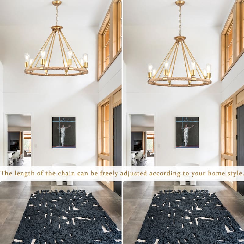 8-Light Classic Semi Flush Mount Chandelier, Farmhouse Modern Wagon Wheel Chandelier for Dining Room - W30.71"x H25.59"