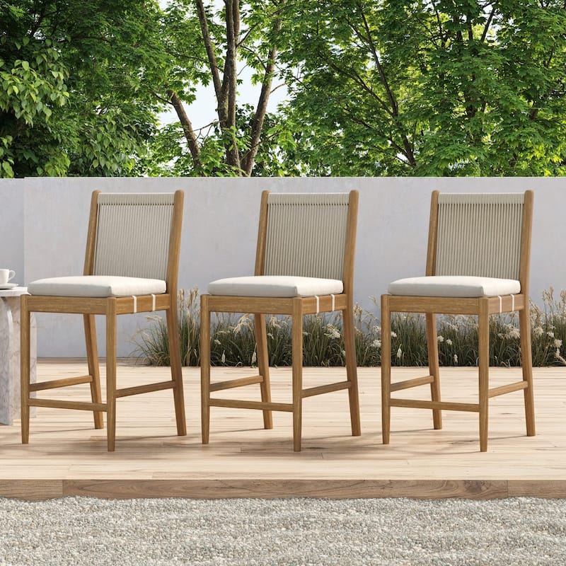 Kayden Outdoor Dining Chair or Bar Stool, Porch Chair with Solid Wood Acacia Wood Frame, Foam Cushion and Woven Rope Backrest - Counter Height Stool - Set of 3