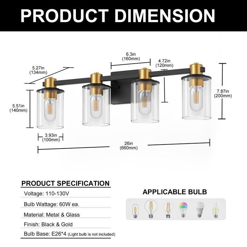 YANSUN 26 in. 4-Light Black and Gold Vanity Light with Round Clear Glass Shades for a Sophisticated Look