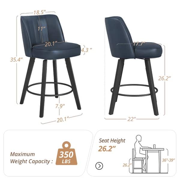 dimension image slide 0 of 5, 26.in Swivel Bar stool PU Leather/Fabric Upholstered Counter Stool, High Back Armless Stool with Wooden Legs