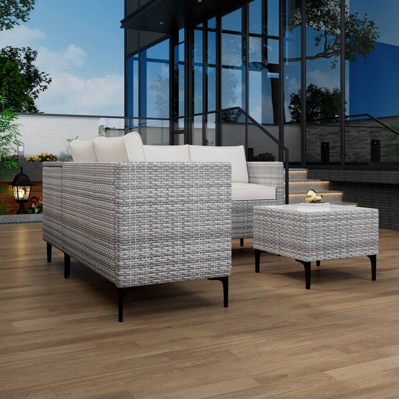 4-Piece Rattan Patio Set – Modular Sectional with Storage Box & Glass Table, Weather-Resistant for Outdoor Lounge,