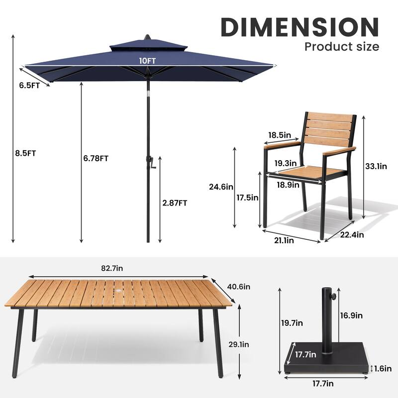 11-Piece Patio Dining Set w/10 ft Umbrella and Base, Rectangle Aluminum Table and 8 Stackable Chairs