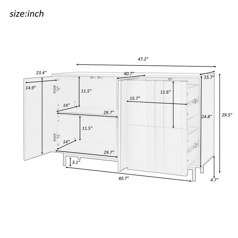 Wave Pattern Storage Cabinet Kitchen Buffet Server Cupboard Adjustable Sideboard with 2 Doors and 2 Drawers for Living Room