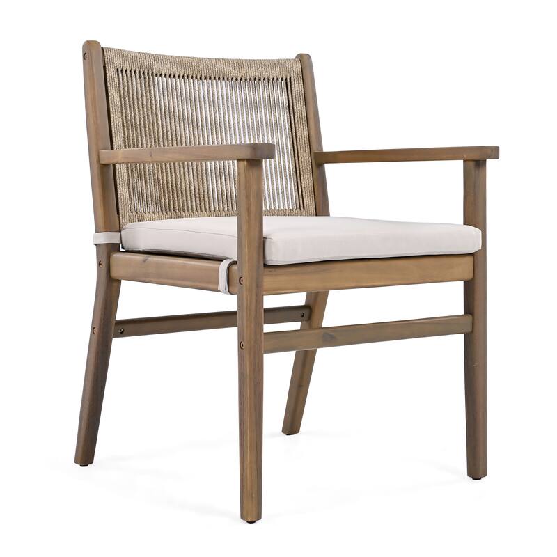 Roomfitters Outdoor Dining Chairs Set of 2, Acacia Wood Armchairs with Rope Back and Cushions, Patio Seating