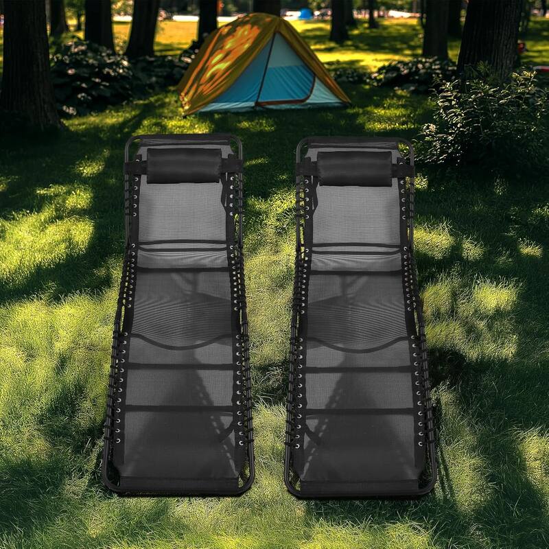 Outdoor Lounge Chairs Set of 2, Teslin Folding Tanning Chair with 5-Position Reclining Back