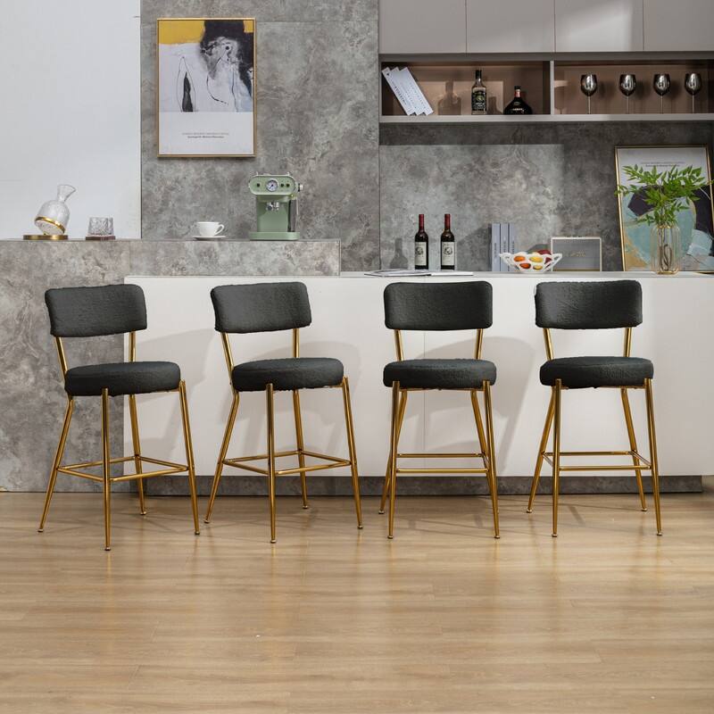 Mixoy 24"Counter Height Modern Teddy Fleece Bar Stools with Metal Legs - Set of 4 - Black with gold legs - Counter Height