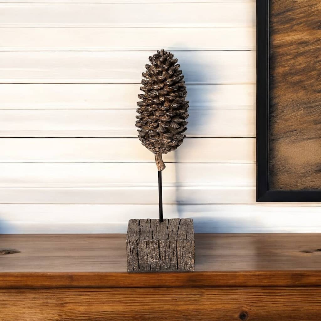 HomeRoots 11" Golden Brown Resin Pinecone Tabletop Sculpture - 4" W x 4" D x 11" H