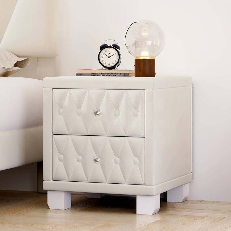 Elegant Velvet Nightstand with 2 Drawers, Crystal Handles, and Button-Tufted Design