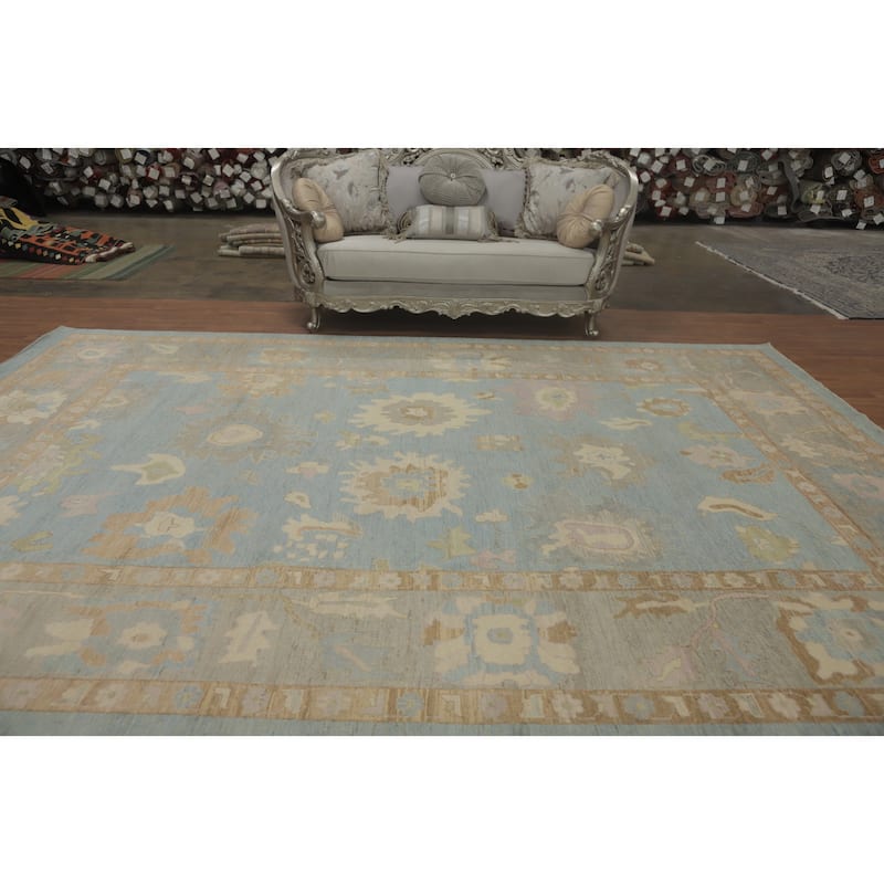 Handmade Blue Oushak Vegetable Dye Large Rug, Flora Geometric Carpet - 13' 8'' X 9' 10''