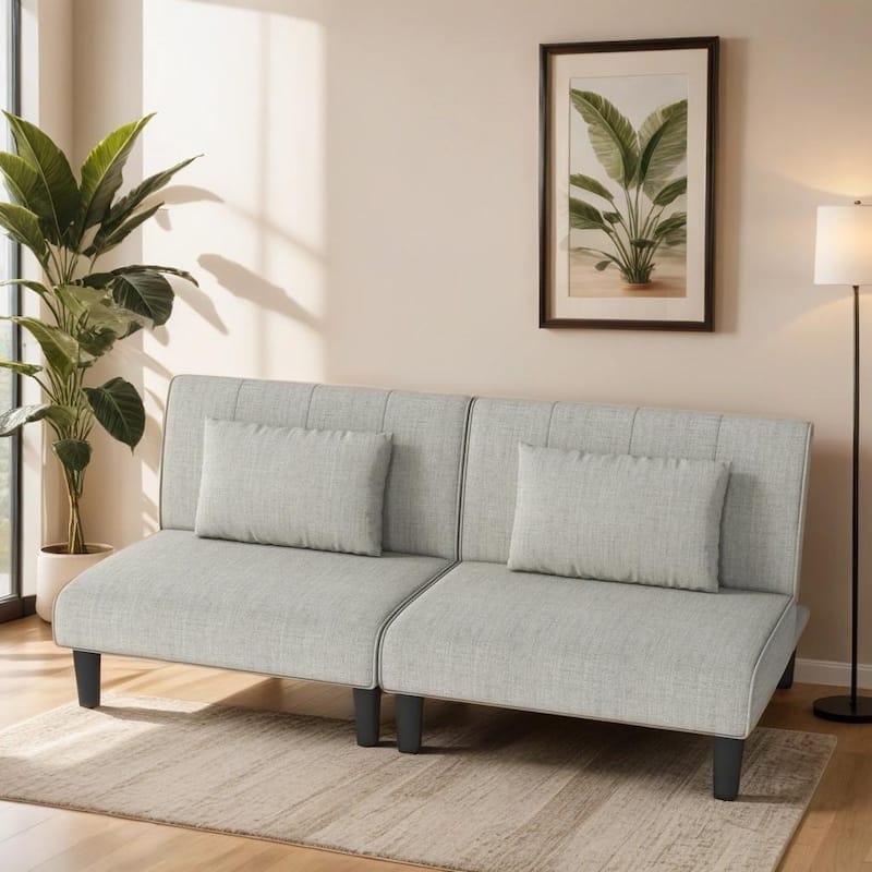 Modern Armless Loveseat Sofa Bed Chair Couch Wood Living Room with two Cushions - Light Grey