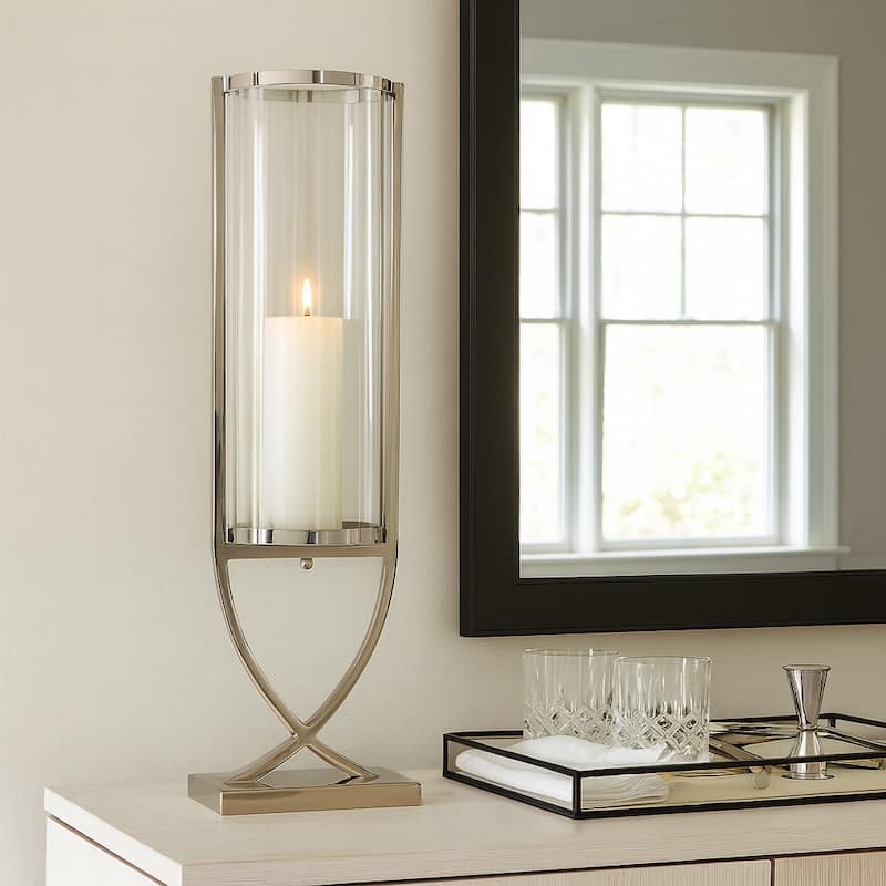Modern Glass Pillar Candle Holder Decorative Lantern with Steel Frame - Silver/ Metallic - 27.0"