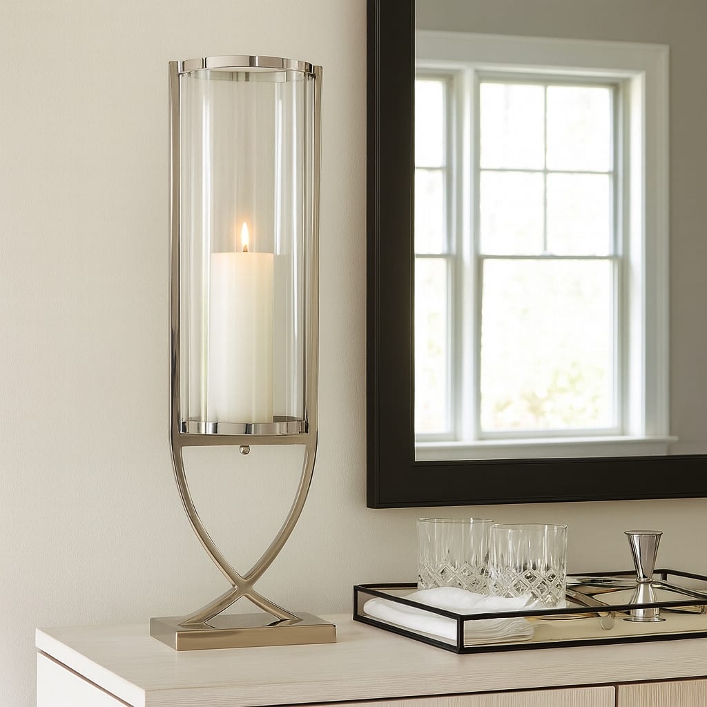 Modern Glass Pillar Candle Holder Decorative Lantern with Steel Frame