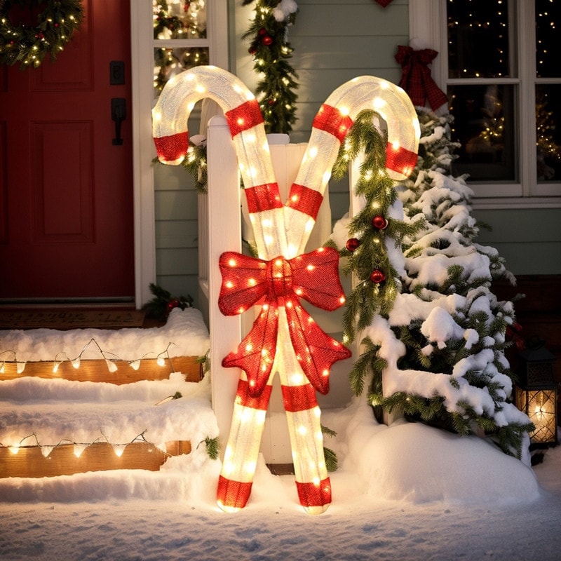 Lighted Candy Cane and Red Bowknot Christmas Decorations, - 33INCH