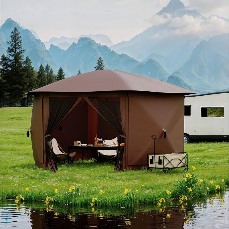 11.8FT Pop Up Gazebo Tent with 6 Removable Wind Panels for Outdoor Events, Camping, Patio, Backyard - N/A - Brown