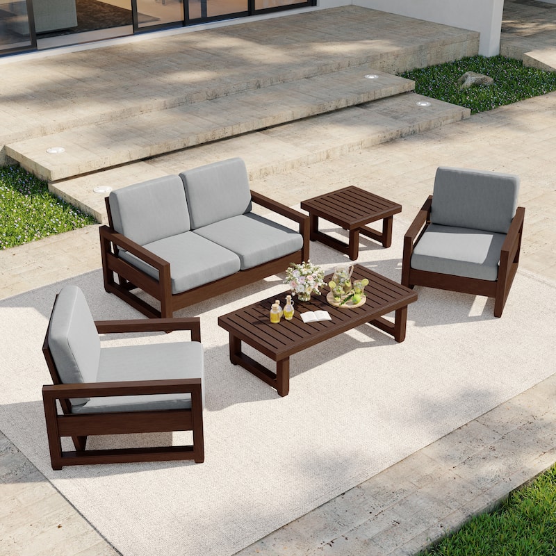 5-Piece Outdoor Solid Teak Wood Patio Conversation Set - Grey - Dark-Brown Frame