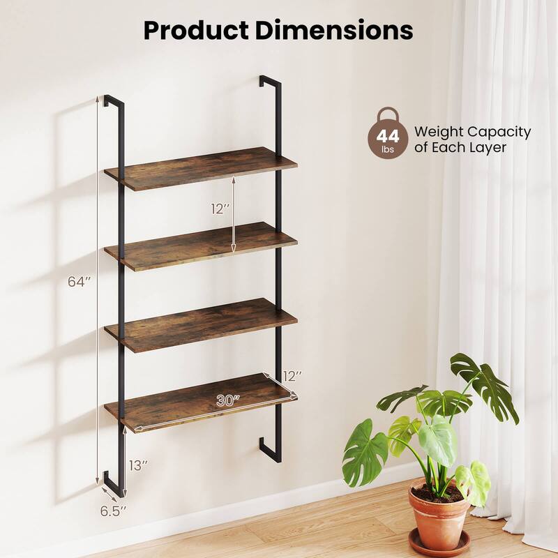 Costway 4-Tier Ladder Shelf Bookshelf Industrial Wall Shelf w/Metal - 30'' x 12'' x 64''