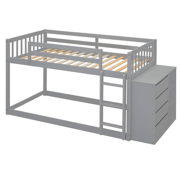 slide 2 of 15, Twin Over Twin Low Bunk Bed with Storage, Wood Floor Bunk Beds w/4 Drawers & 3 Shelves, for Kids, Girls Boys, Teens, Adults,Grey Grey - Twin