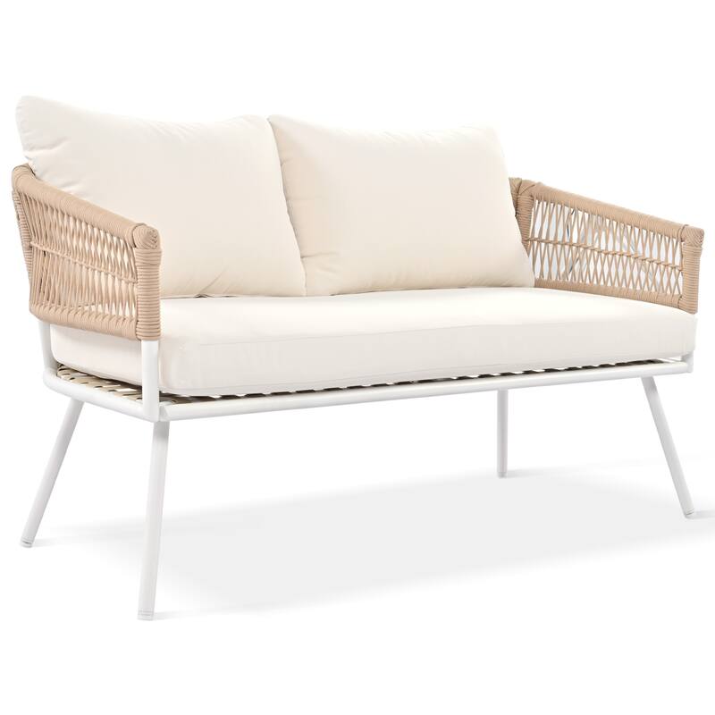 Outdoor 4-Piece Rope Conversation Sofa Set with Acacia Cool Bar Table & Armchairs