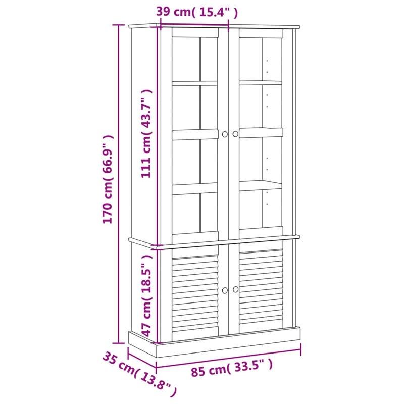 vidaXL Glass Display Cabinet Storage Highboard Living Room Solid Wood Pine - 33.5 x 33.5 x 66.9 in