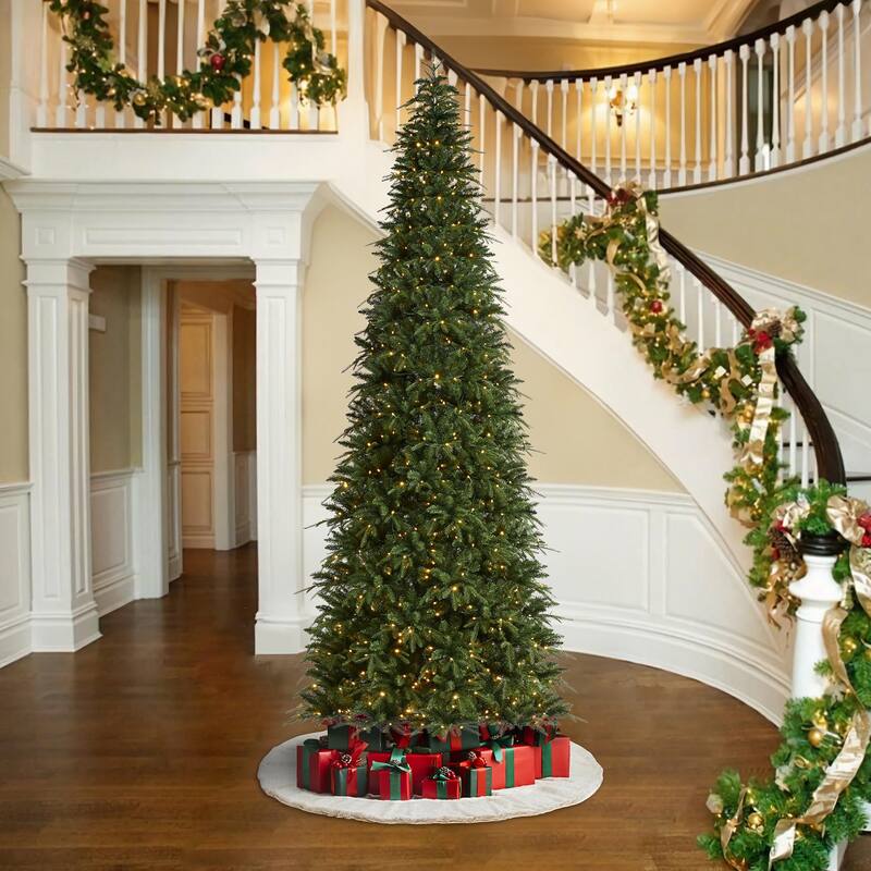 Glitzhome 11ft Pre-Lit Green Slim Fir Artificial Christmas Tree with 850 LEDs & 9 Light-Modes