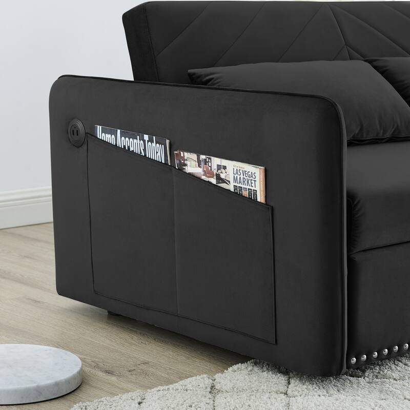 Velvet Convertible Sleeper Sofa Bed with 3-Level Adjustable Backrest, USB Port, and Side Pockets