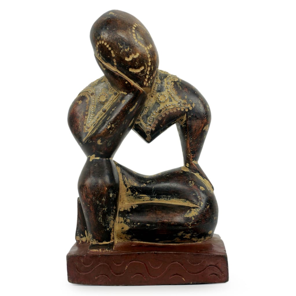 Handmade Thinking Man Wood Sculpture (Ghana) - 10.5" H x 6" W x 4.7" D