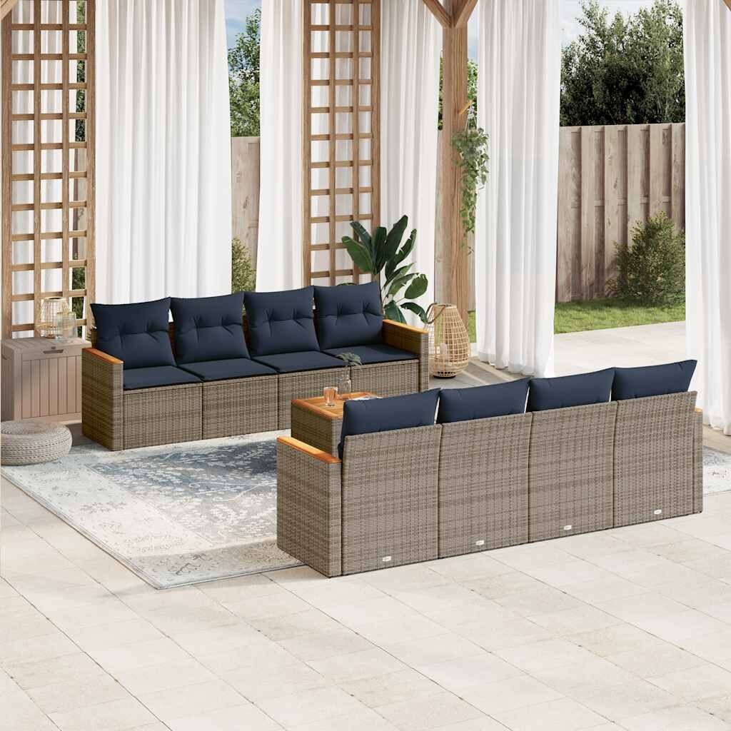 vidaXL Patio Sofa Set with Cushions Outdoor Furniture 9 Piece Poly Rattan - 21.7x 24.4x 27.2