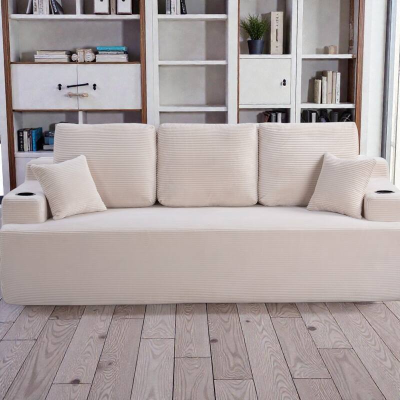 87 Inch 3 Seater Sofa Couch, Deep Seat Corduroy Living Room Sofa with Cup Holders and Side Pockets - Cream White