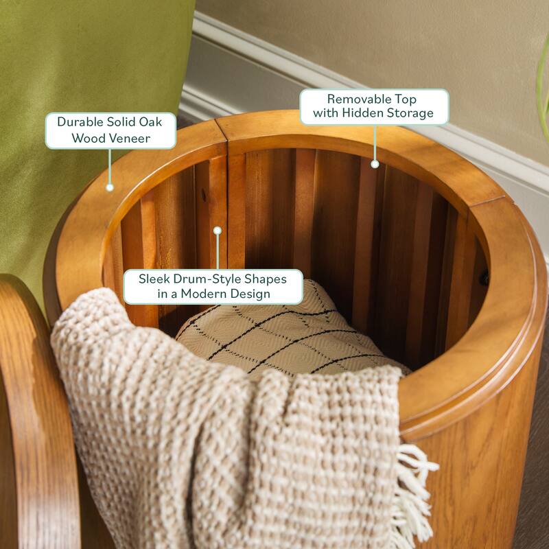 Walker Edison Modern Solid Oak Wood Round Side Tables with Storage (Set of 2)
