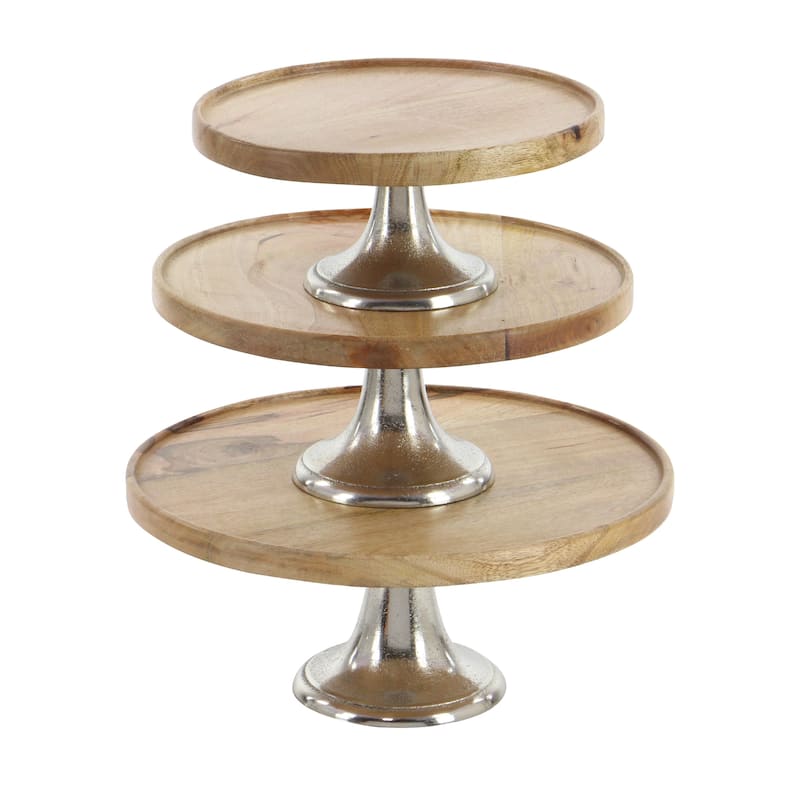 Mango Wood Decorative Cake Stand with Silver Aluminum Cone Base - Set of 3 Brown - Roche River Decor