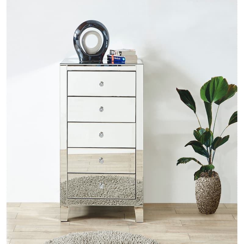 Indigo Home 5 Drawer Chest 24 in x 18 in x 45 in. in Clear Mirror