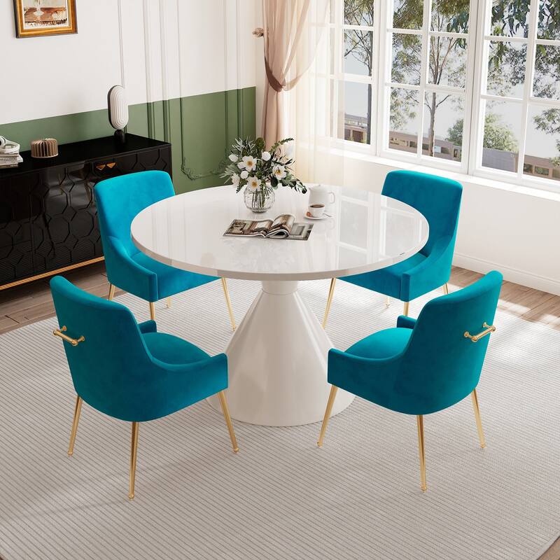 48" Light Luxury White High Gloss Large Countertop Dining Table with Velvet Dining Chair Set