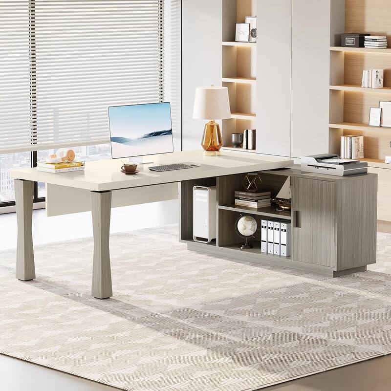 8.7" Executive Desk, L-Shaped Office Table with Cabinet & Shelves