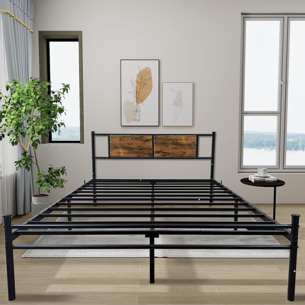 Classic Metal Bed Frames with Wood Headboard, Heavy Duty Metal Platform Bed, No Box Spring Needed